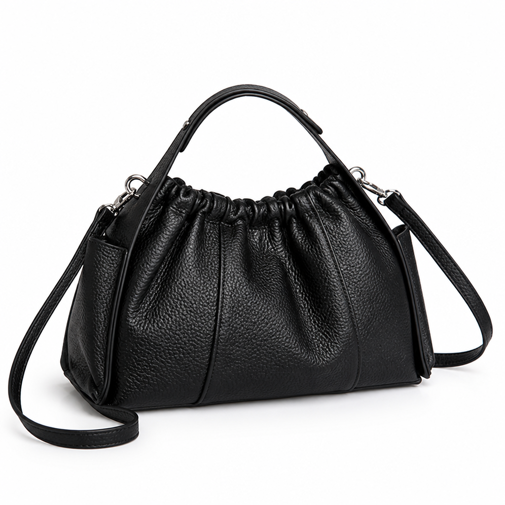 Premium Textured Leather Drawstring Satchel (Top Handle & Detachable Strap)