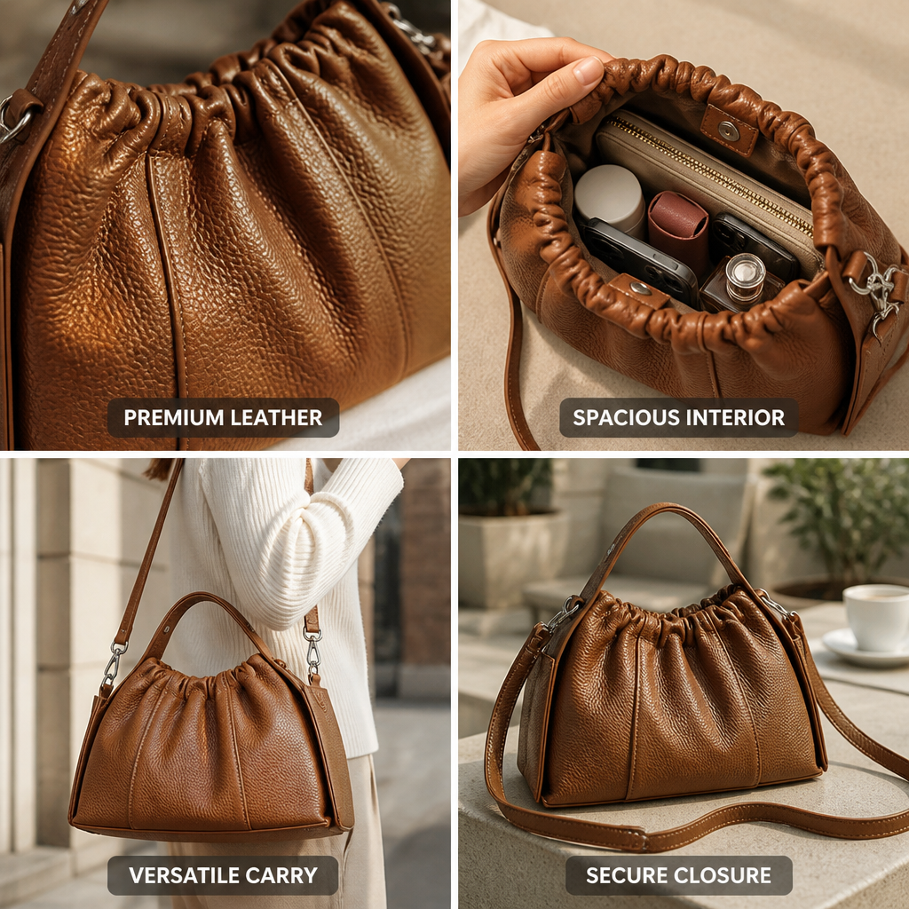 Premium Textured Leather Drawstring Satchel (Top Handle & Detachable Strap)