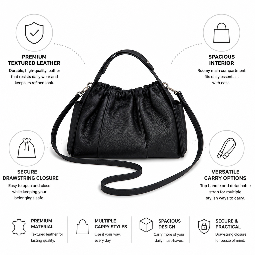 Premium Textured Leather Drawstring Satchel (Top Handle & Detachable Strap)