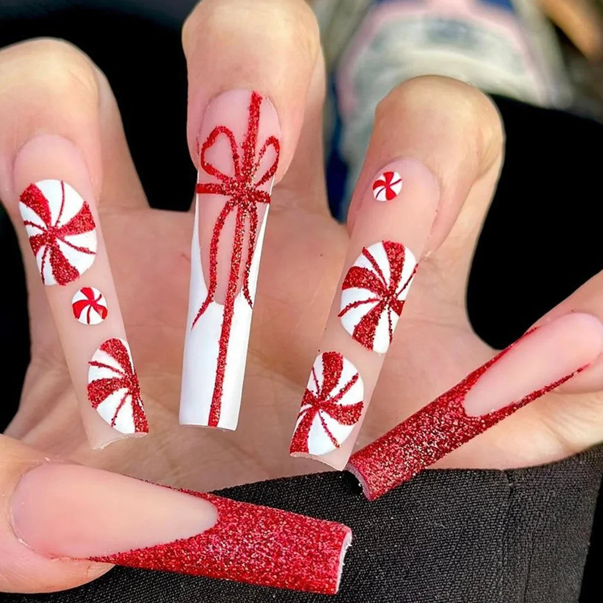 Press-On Nail Set Candy Cane Red Glitter Reusable