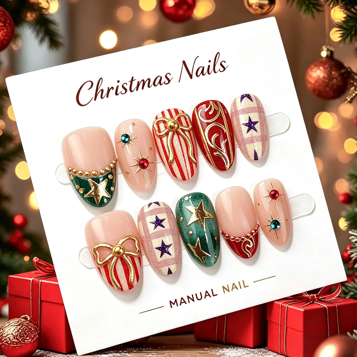 Press-On Nail Set Christmas Designs Reusable & Multiple Sizes