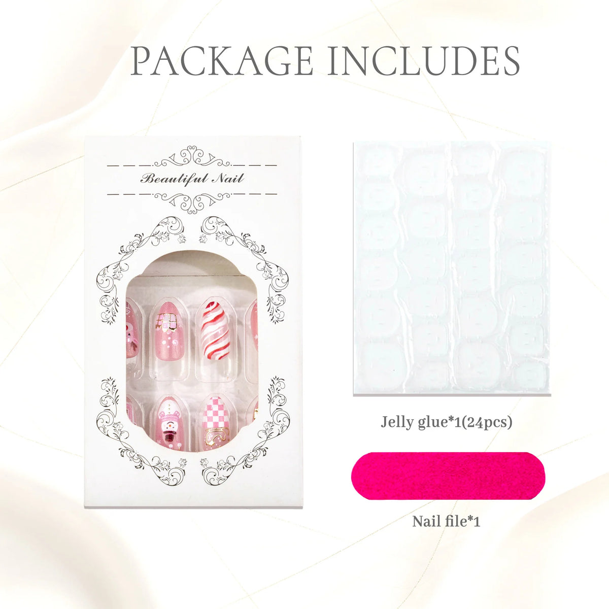 Press-On Nail Set Festive Designs 24-Piece File & Jelly Glue
