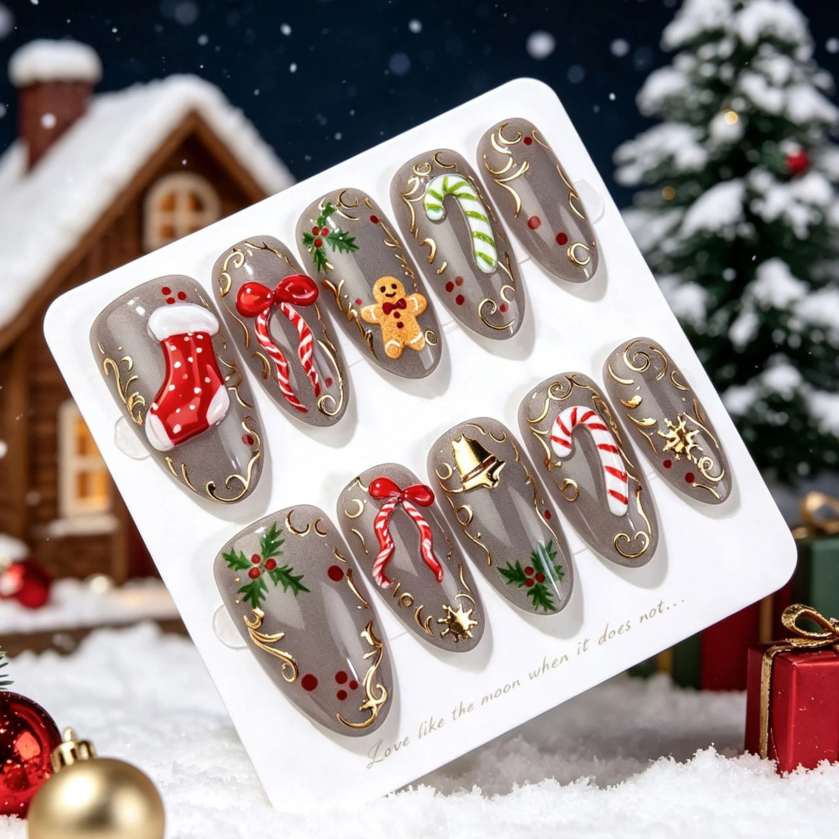 Press-On Nail Set Festive Holiday Designs Peel-And-Stick Reusable