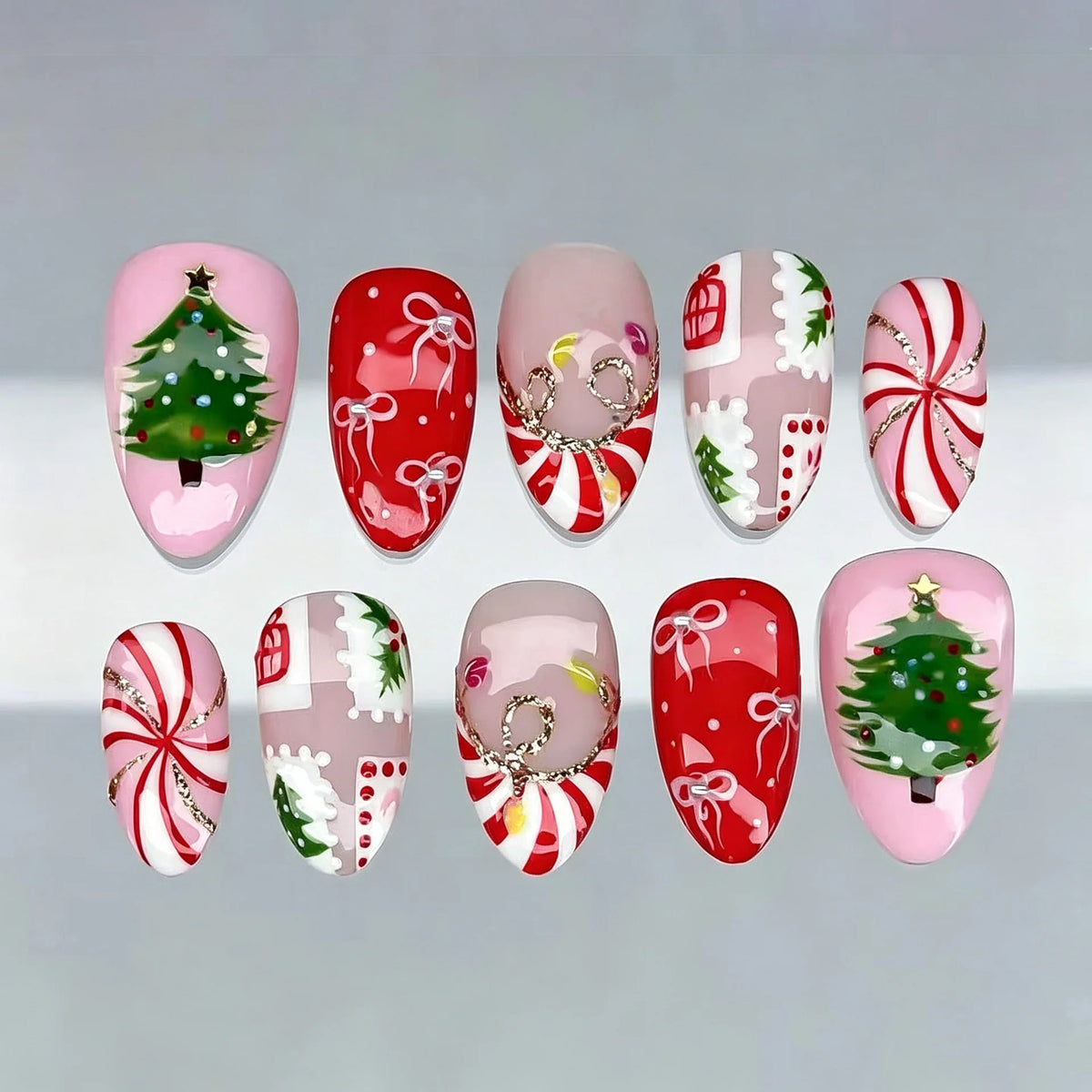 Press-On Nail Set Festive Holiday Designs Reusable & Multiple Sizes