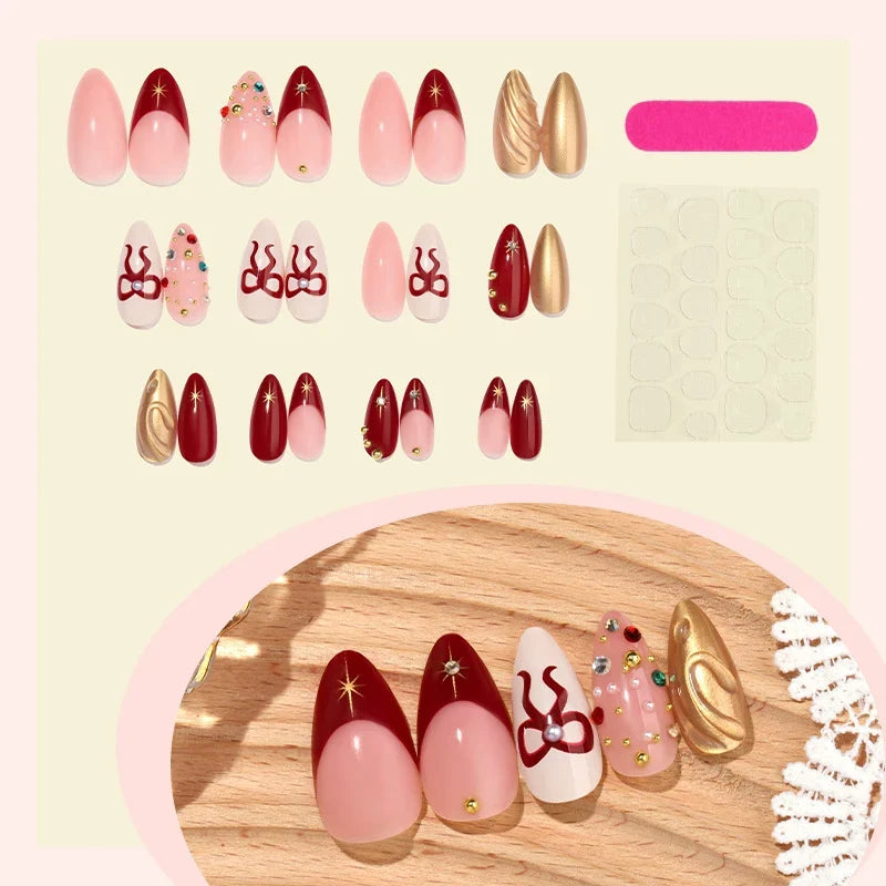 Press-On Nail Set Festive Red Bows & Stars Long-Lasting