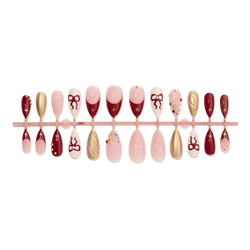Press-On Nail Set Festive Red Bows & Stars Long-Lasting
