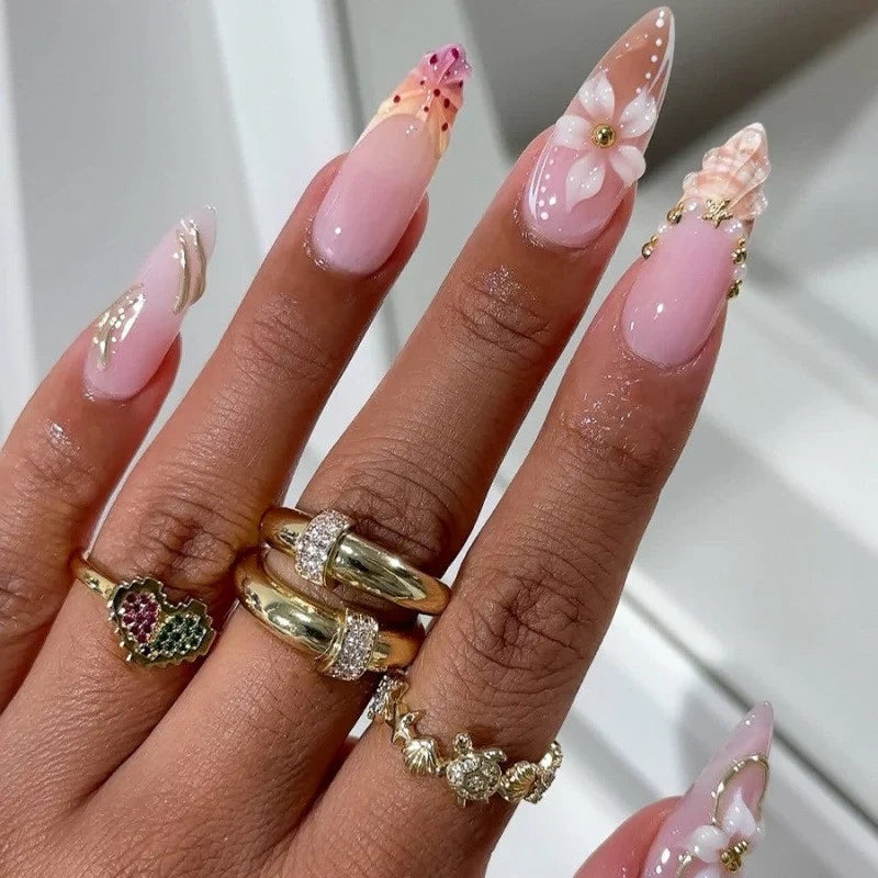 Press-On Nail Set Floral Embellished Reusable