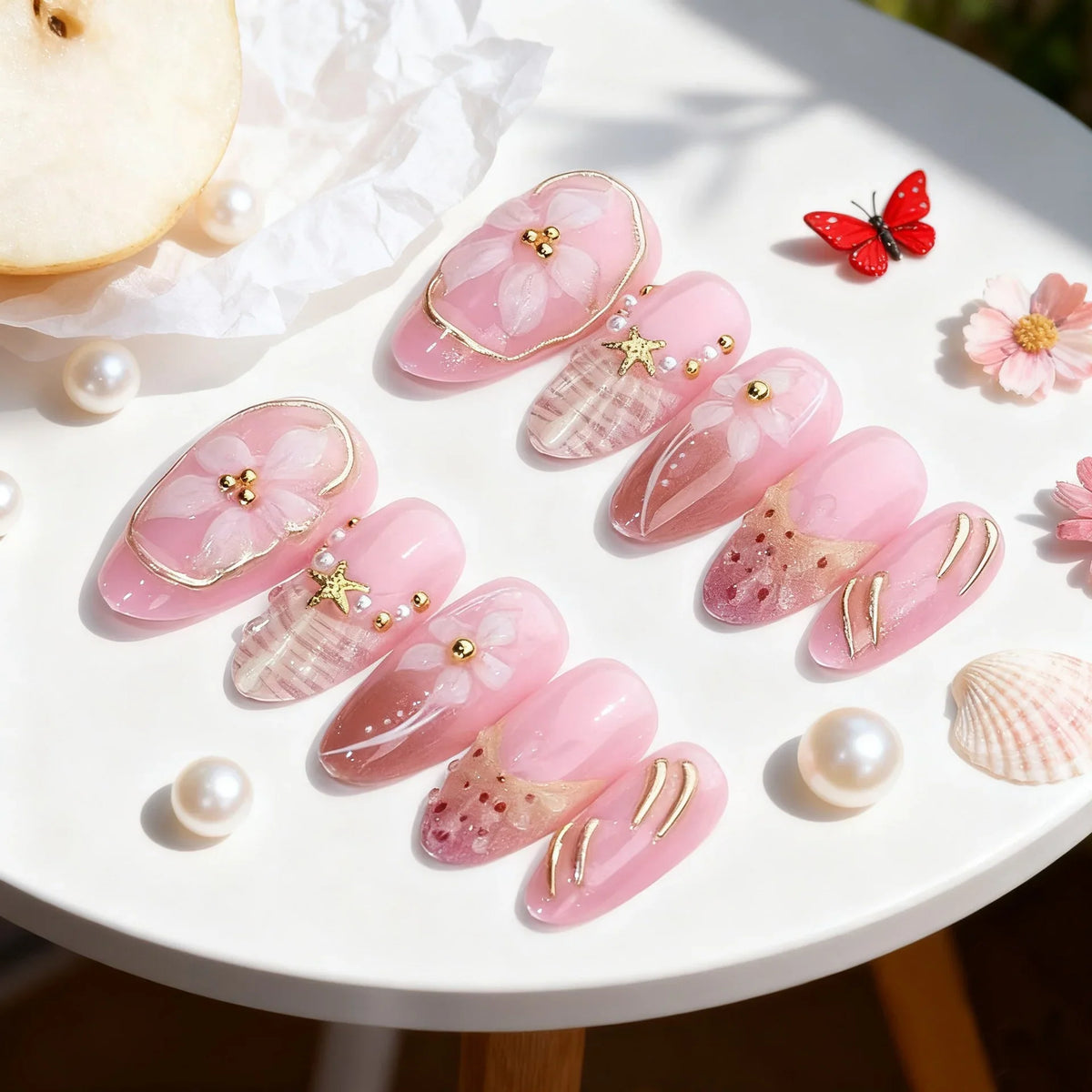 Press-On Nail Set Floral Embellished Reusable
