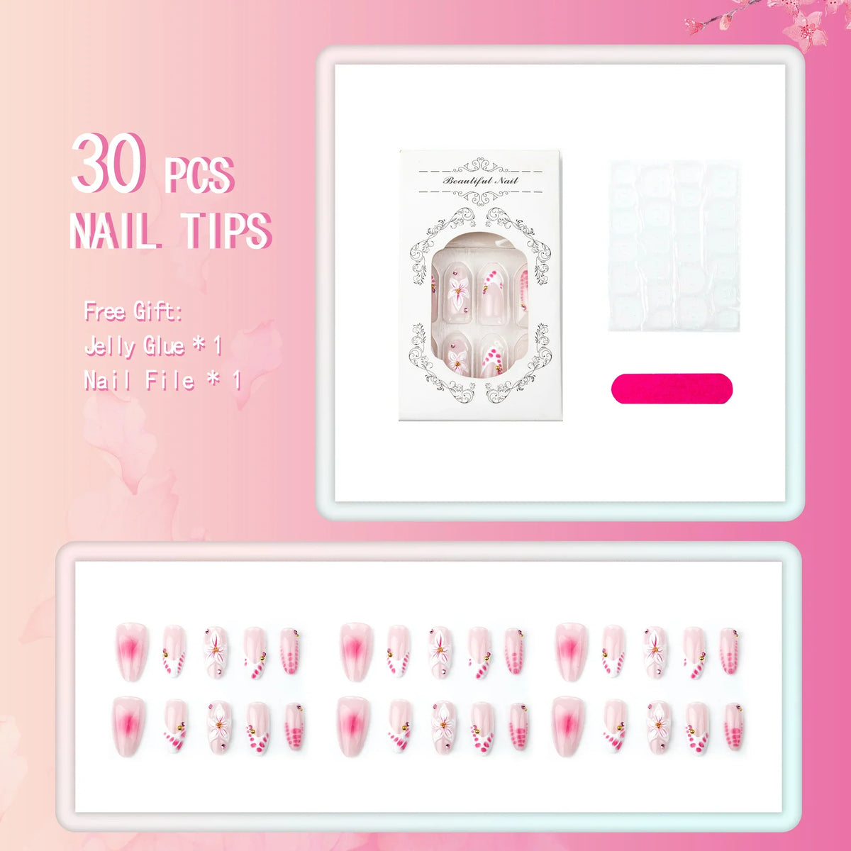 Press-On Nail Set Floral Rhinestone Chip-Resistant Lightweight & Breathable