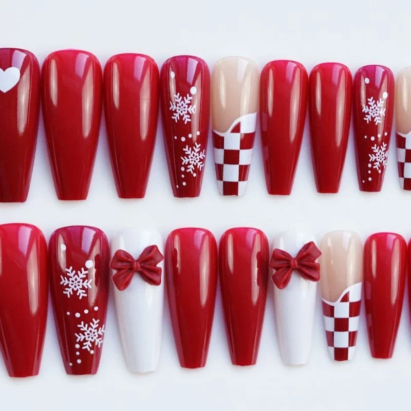 Press-On Nail Set Glue-On Holiday Red Snowflake & Bow