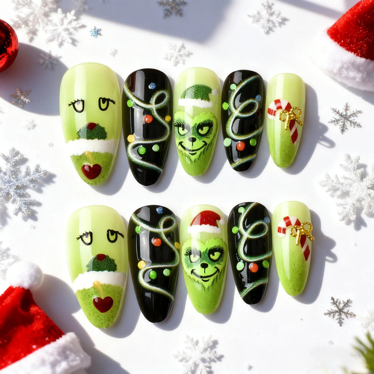 Press-On Nail Set Grinch Holiday Designs Assorted Sizes