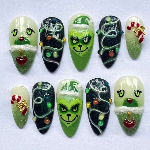 Press-On Nail Set Grinch Holiday Designs Assorted Sizes