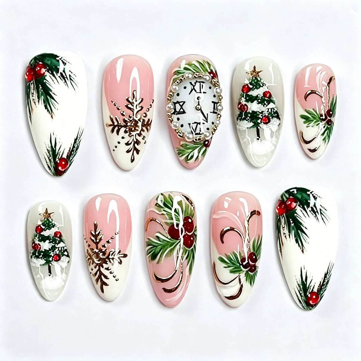Press-On Nail Set Hand-Painted Christmas Designs