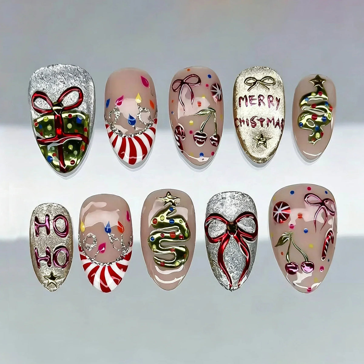 Press-On Nail Set Holiday Designs Reusable & Multiple Sizes
