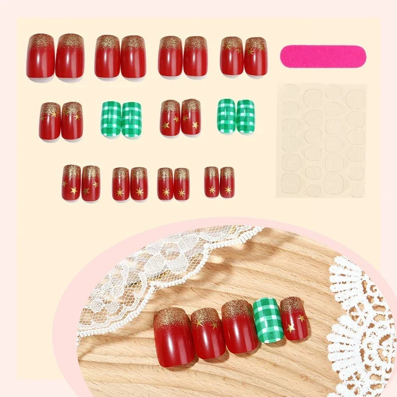Press-On Nail Set Holiday Glitter Adhesive Strips Reusable