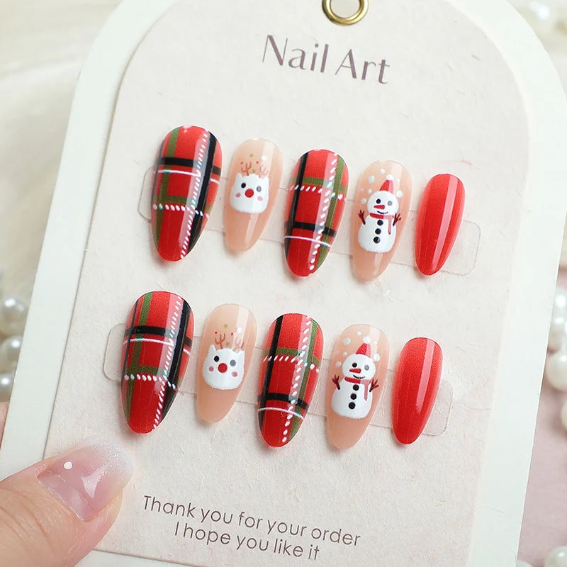 Press-On Nail Set Holiday Snow & Plaid Glue-Free Long-Lasting