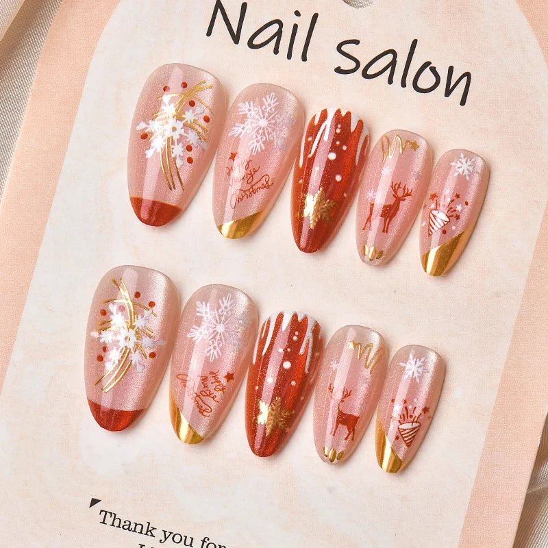Press-On Nail Set No-Glue Holiday Snowflake & Gold Accents