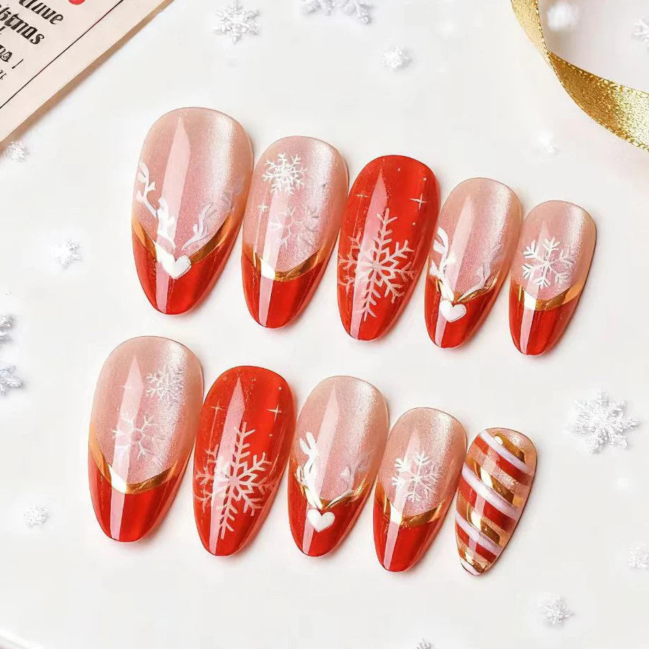 Press-On Nail Set Red & Gold Snowflake Design