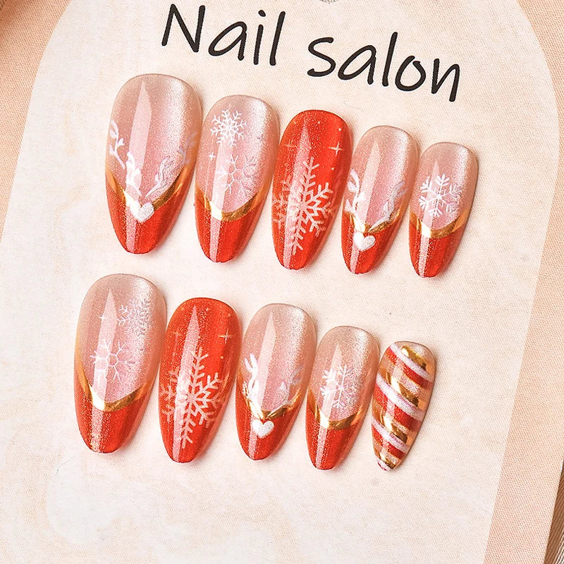 Press-On Nail Set Red & Gold Snowflake Design