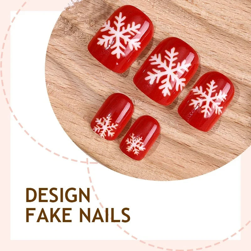 Press-On Nail Set Red Snowflake 24-Piece With Glue & Template