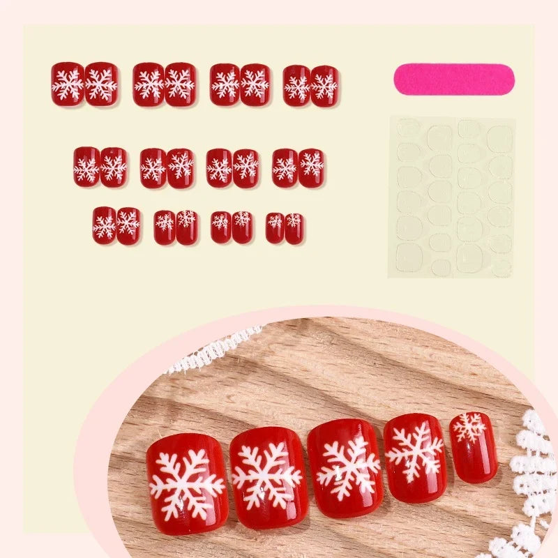Press-On Nail Set Red Snowflake 24-Piece With Glue & Template
