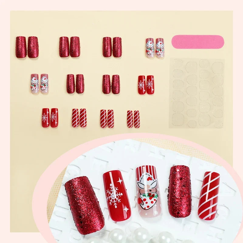Press-On Nail Set Santa-Themed Easy-Apply Adhesive Chip-Resistant