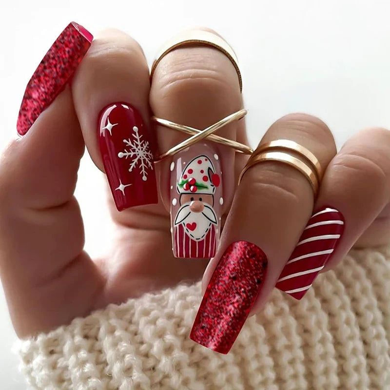 Press-On Nail Set Santa-Themed Easy-Apply Adhesive Chip-Resistant