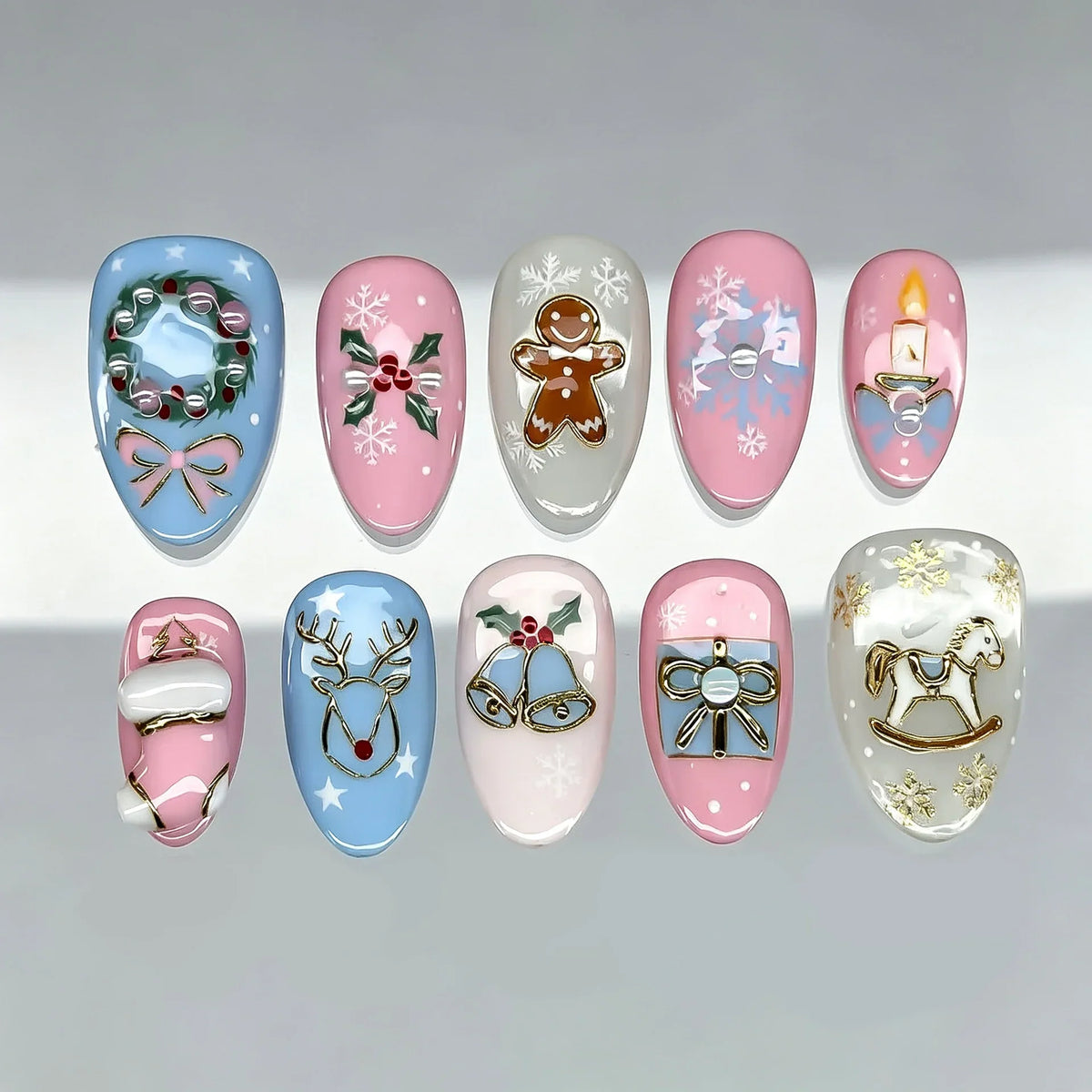 Press-On Nail Set Ten Festive Designs Non-Toxic Easy Application