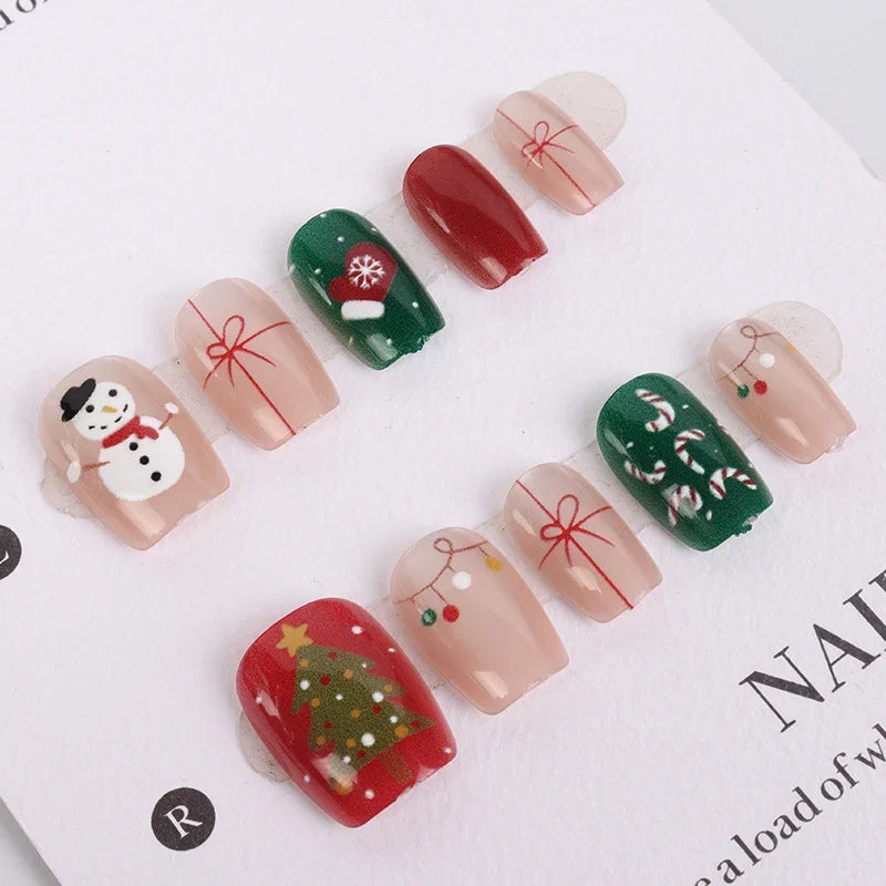 Press-On Nails Handmade Holiday Snowman & Gingerbread