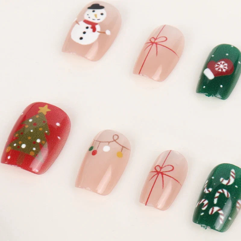 Press-On Nails Handmade Holiday Snowman & Gingerbread