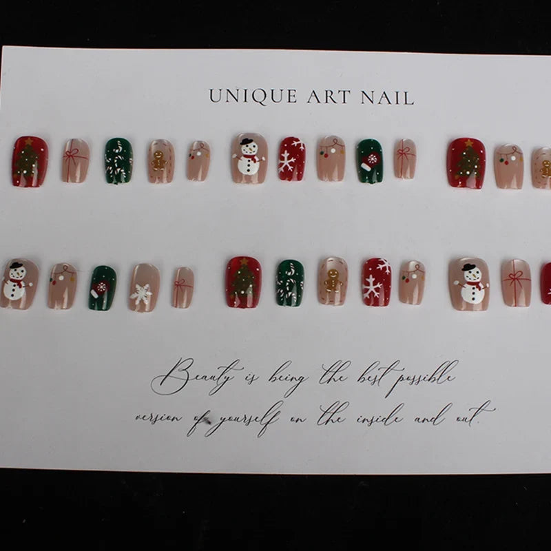 Press-On Nails Handmade Holiday Snowman & Gingerbread