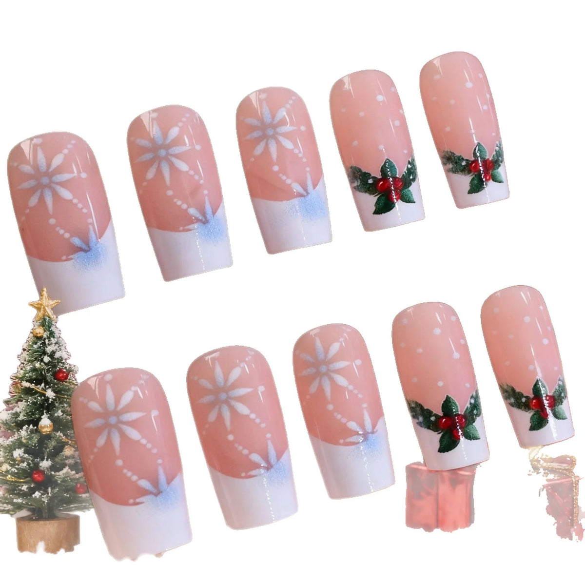 Press-On Nails Holiday Snowflake & Holly Easy Apply Long-Lasting