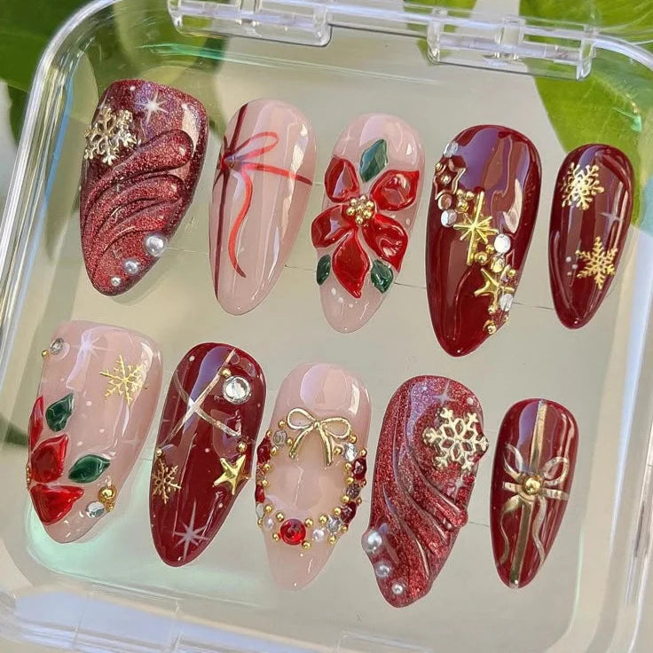 Press-On Nails Poinsettia Floral Metallic Accents Peel-And-Stick