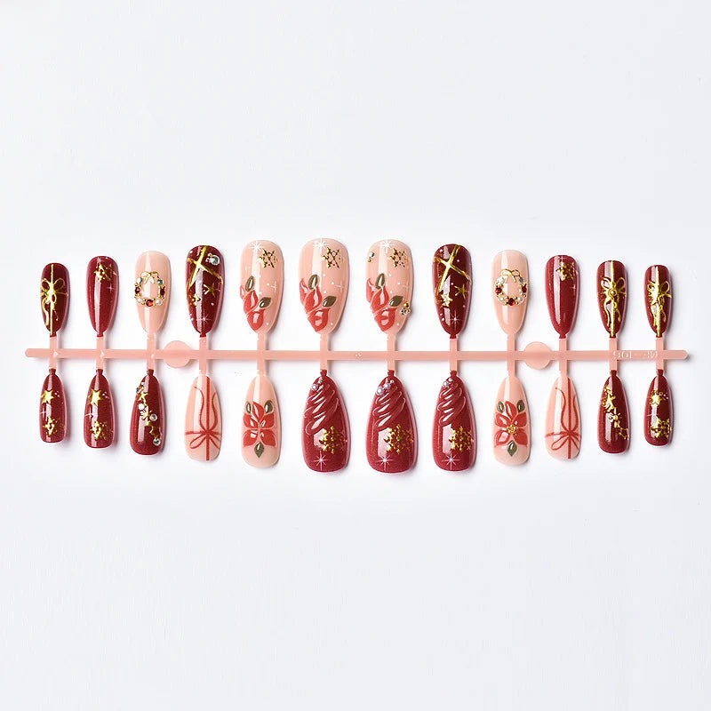Press-On Nails Poinsettia Floral Metallic Accents Peel-And-Stick