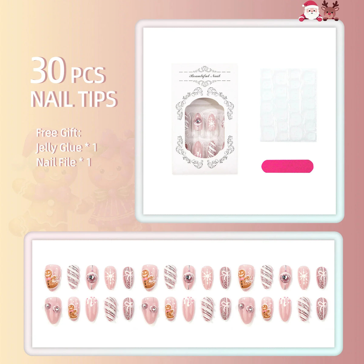 Press-On Nails Pre-Glued Non-Toxic Holiday Designs