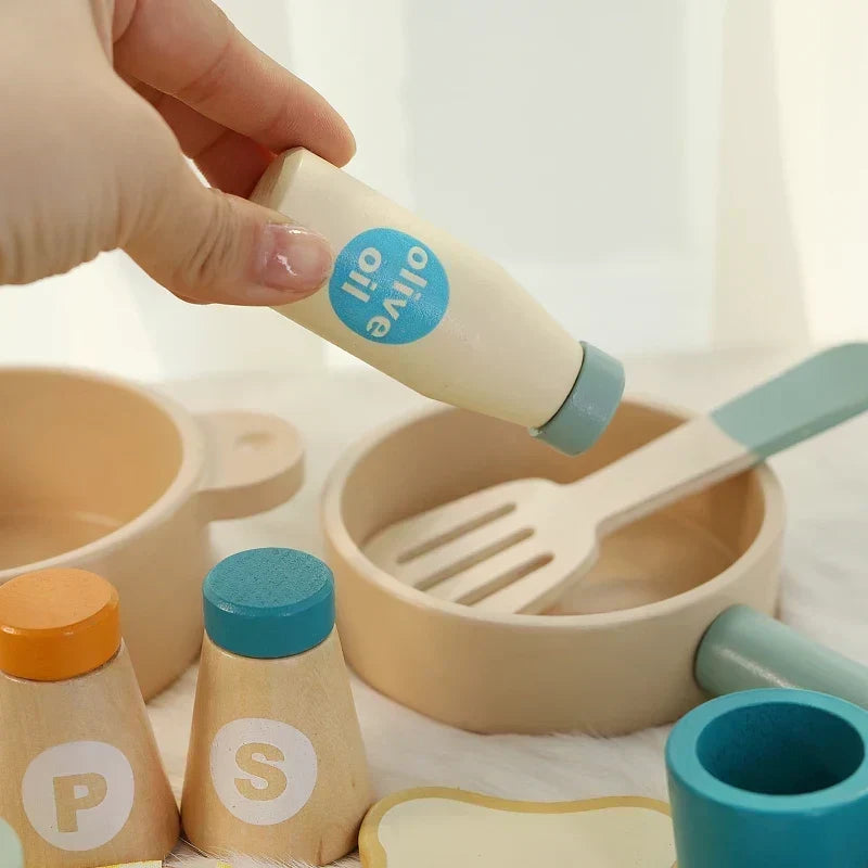 Pretend Cooking Set Wooden Cookware & Fabric Dining Accessories