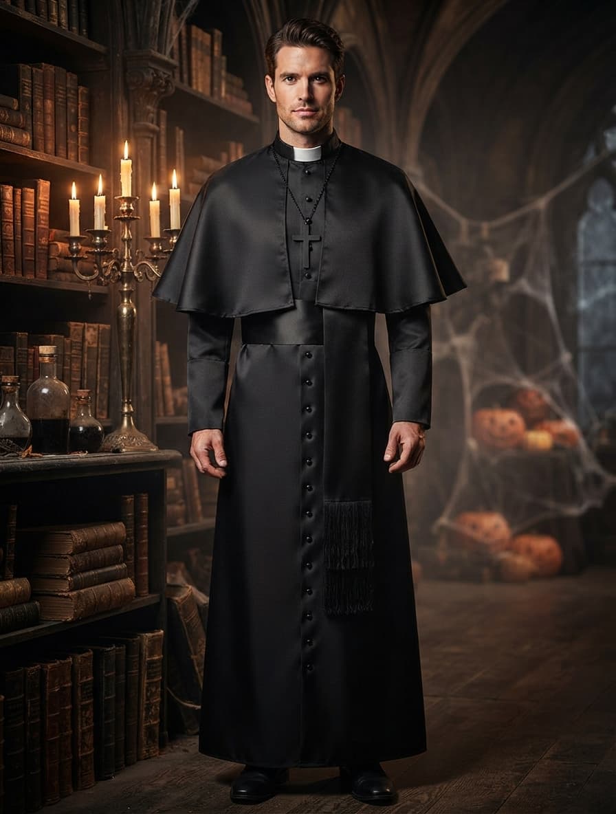 Priest Costume Robe with Shoulder Cape & Cross Accessory