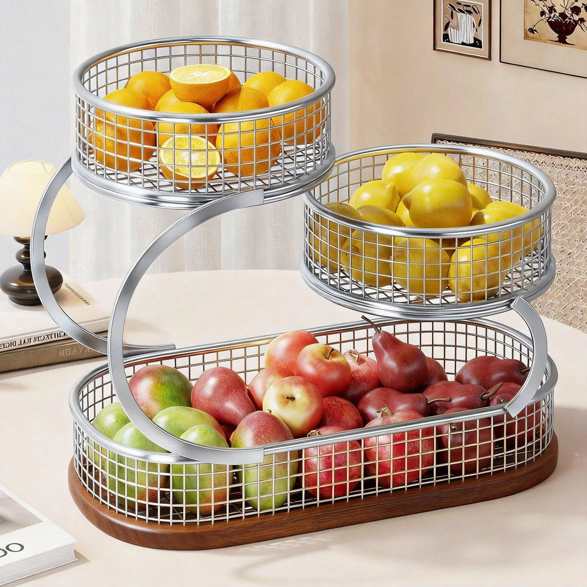 Produce Display Stand Three-Tier Metal Mesh Rust-Resistant