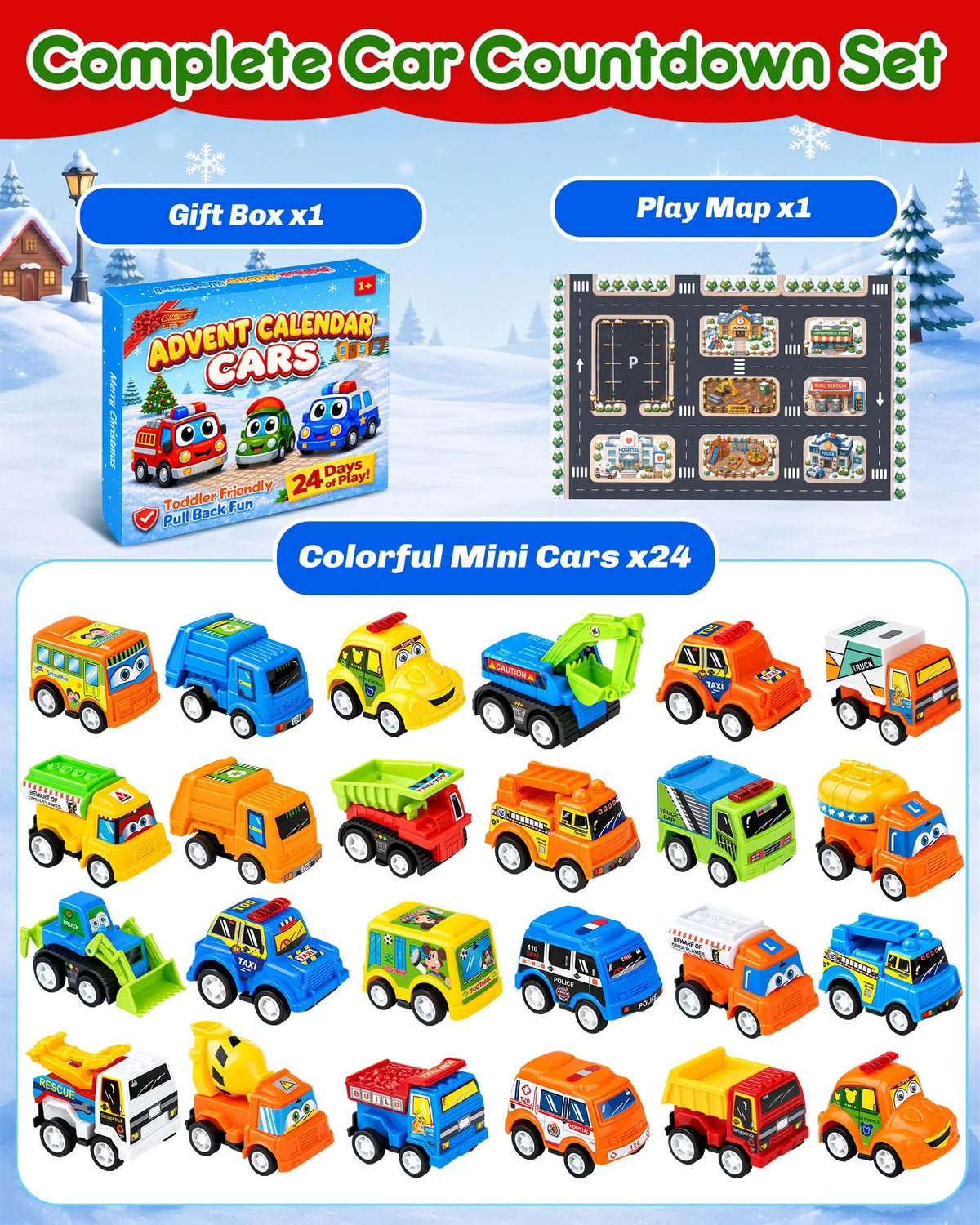 Pull Back Car Set 24 Spring Powered Play Map