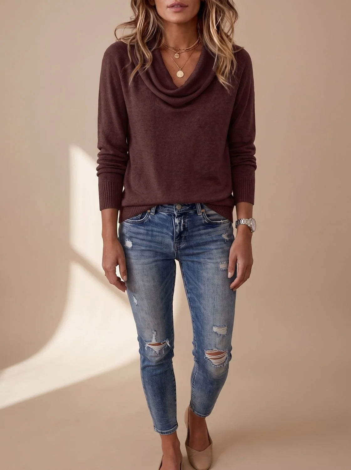 Pullover Sweater Soft Fine Knit Draped Cowl Neck Ribbed Cuffs