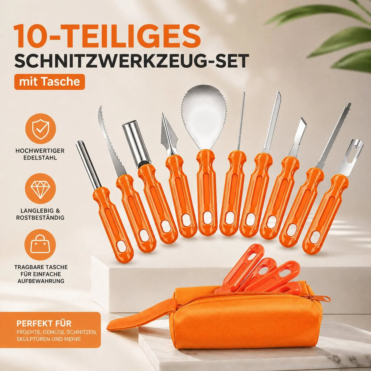 Pumpkin Carving Tool Set Stainless Steel Blades 10-Piece With Storage Bag