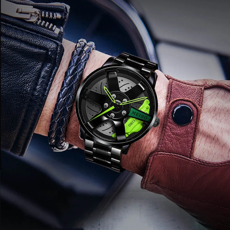Quartz Watch Racing Wheel Rim Dial Stainless Steel Strap Waterproof Design