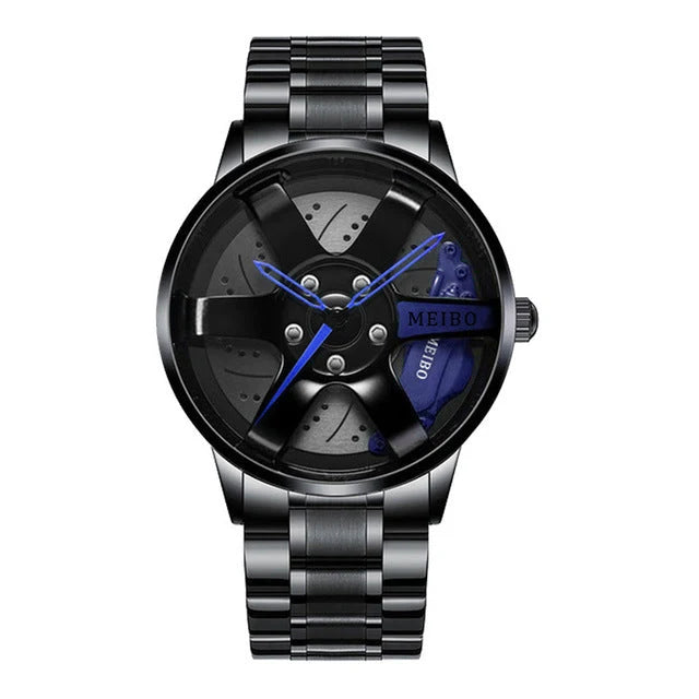 Quartz Watch Racing Wheel Rim Dial Stainless Steel Strap Waterproof Design