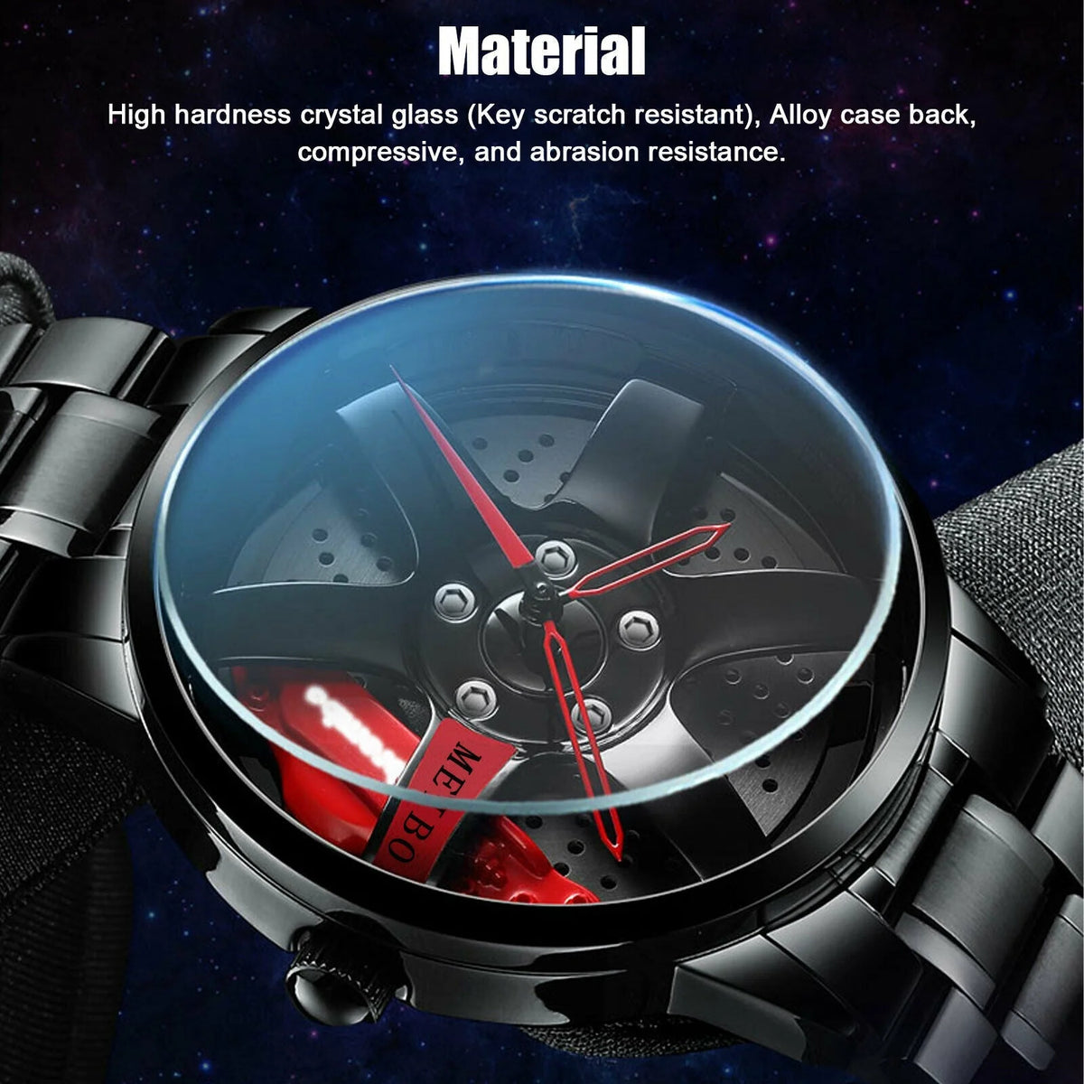 Quartz Watch Racing Wheel Rim Dial Stainless Steel Strap Waterproof Design
