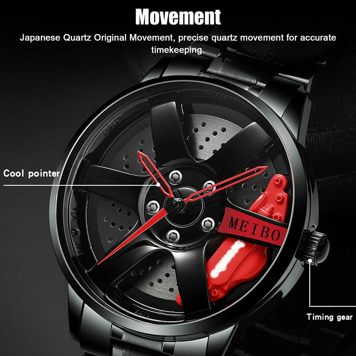Quartz Watch Racing Wheel Rim Dial Stainless Steel Strap Waterproof Design