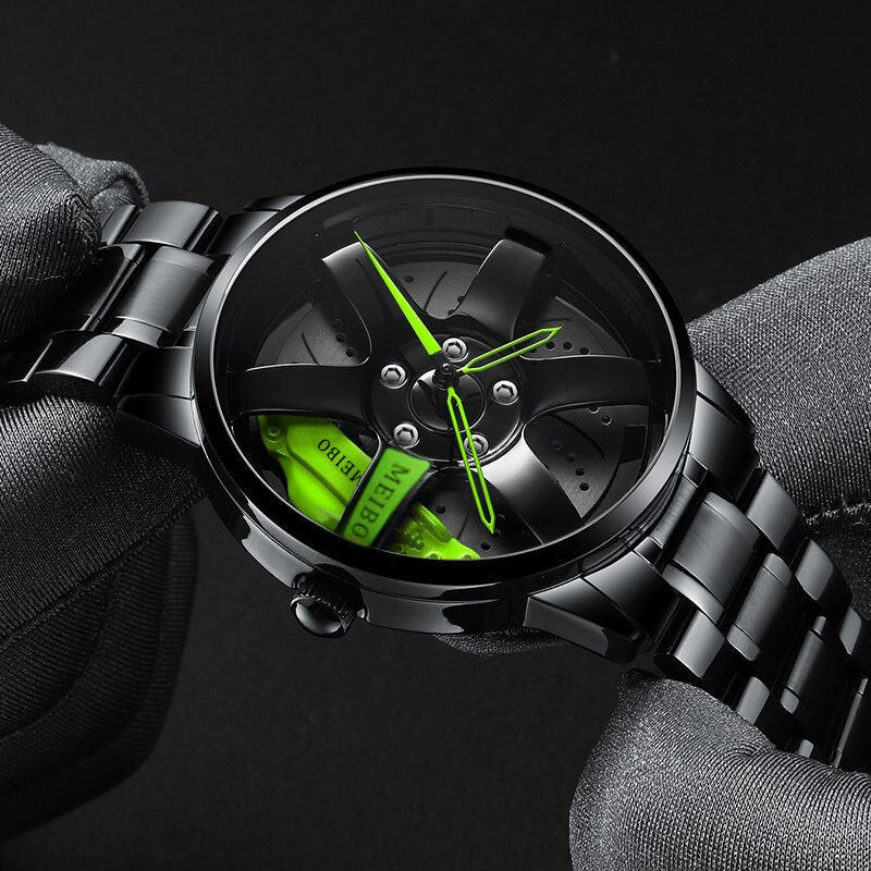 Quartz Watch Racing Wheel Rim Dial Stainless Steel Strap Waterproof Design