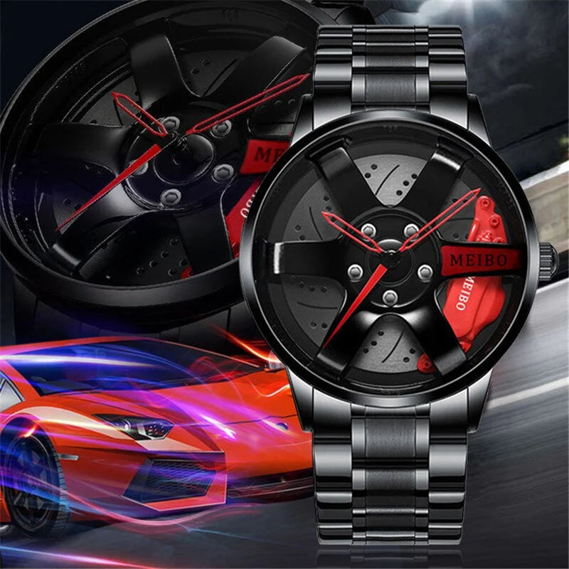 Quartz Watch Racing Wheel Rim Dial Stainless Steel Strap Waterproof Design