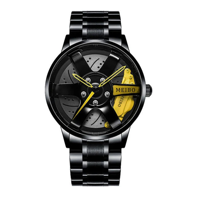 Quartz Watch Racing Wheel Rim Dial Stainless Steel Strap Waterproof Design