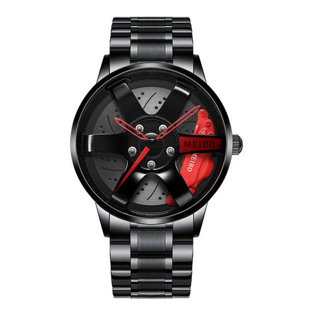 Quartz Watch Racing Wheel Rim Dial Stainless Steel Strap Waterproof Design