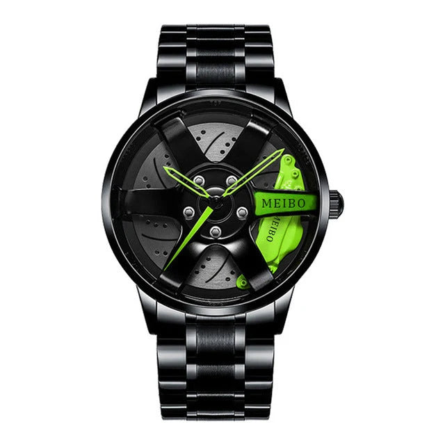 Quartz Watch Racing Wheel Rim Dial Stainless Steel Strap Waterproof Design